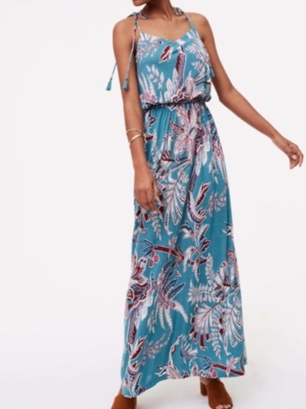 LOFT Teal Paisley Tie-Shoulder Maxi Dress